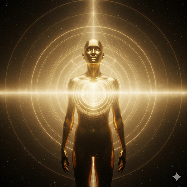 Figura humana dorada con anillos concéntricos de energía emanando de su corazón, simbolizando el valor intrínseco del Ser como fuente de la Resonancia.
