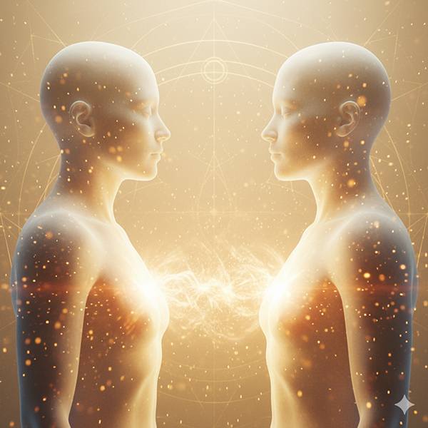 Dos figuras humanas luminosas frente a frente, con sus auras doradas fusionándose suavemente en el espacio intermedio, representando la conexión de almas resonantes.
