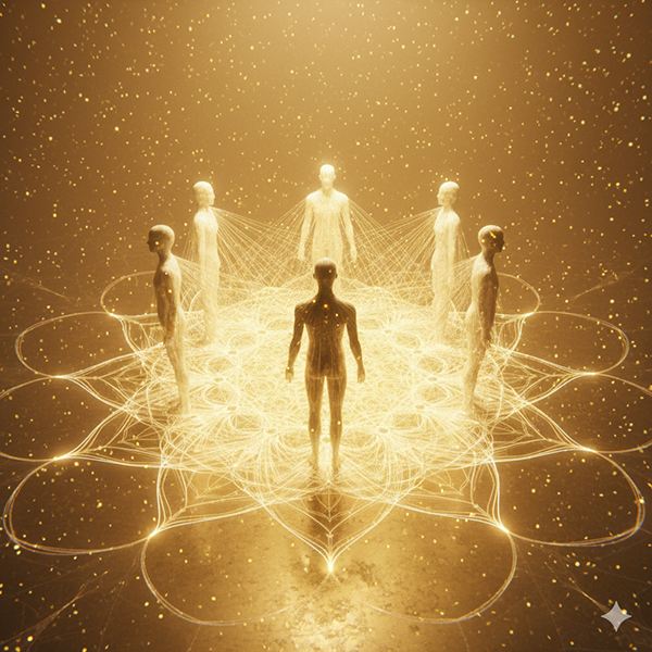 Un grupo de figuras humanas luminosas conectadas por líneas de energía dorada, formando un patrón de mandala. Simboliza la Verdadera Tribu resonante.