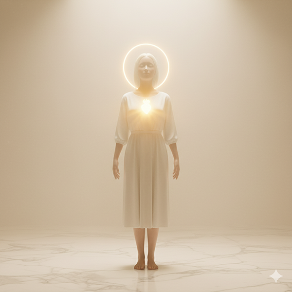 Figura de túnica blanca con luz dorada emanando del pecho y un halo de luz pura en la cabeza. Simboliza la Sentencia de la Luz Propia y la aprobación del alma.