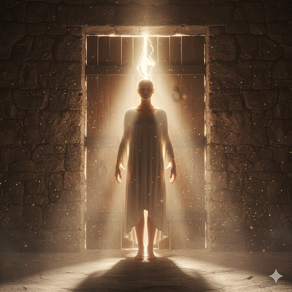 Peregrino luminoso cruzando un umbral de piedra, con un rayo de luz cayendo sobre la puerta detrás. Representa la liberación del juicio y el paso al umbral de la autenticidad.