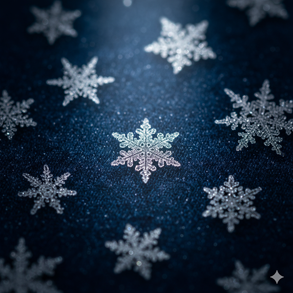 Primer plano macro hiperrealista de un copo de nieve perfecto y único, destacado por la luz sobre un fondo oscuro con otros copos diferentes, simbolizando la belleza irrepetible de ser único.