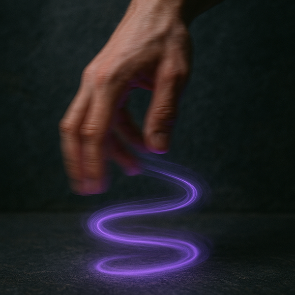 Mano humana dibujando una espiral de luz violeta: símbolo de la repetición consciente que forma el Fundamento de la Voluntad.