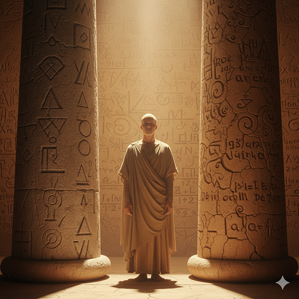 Figura andrógina situada entre dos columnas, una de piedra y otra de barro, guardando la sabiduría grabada por Enoch.