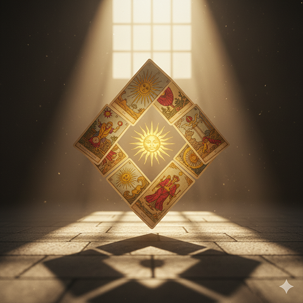 Cartas del Tarot suspendidas en la luz dorada del sol, revelando el Libro de Enoch como aritmética viva del pensamiento.