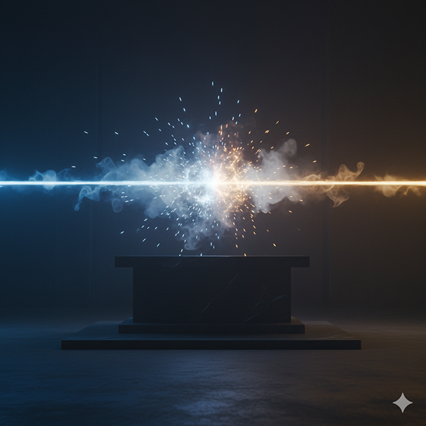 Un rostro de cristal agrietado, con un lado reflejando estrellas (fe) y el otro engranajes (ciencia), mostrando la fractura que cura El Método de la Certeza de Chokmah.