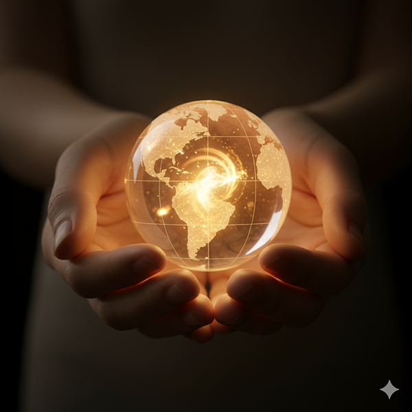 Manos ahuecando cuidadosamente un pequeño globo terráqueo luminoso y translúcido, mostrando continentes internos, representando el acto de habitar y cuidar el propio mundo interior.