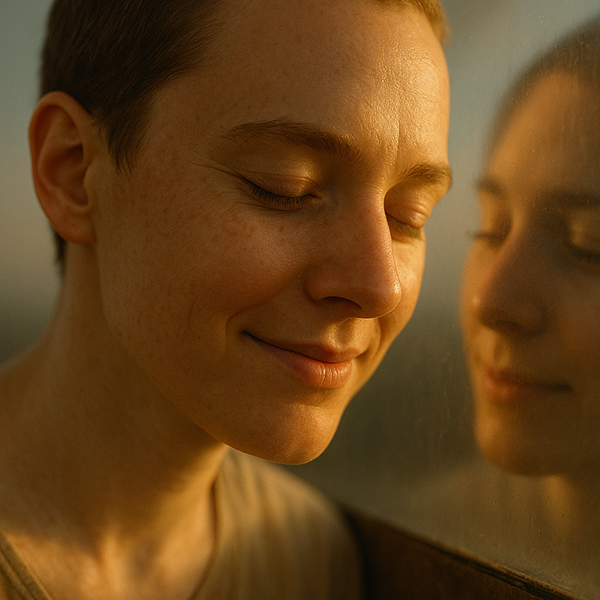 Rostro sereno reflejado en una superficie del Reino Presente; la persona sonríe suavemente al reconocerse en su propio reflejo.