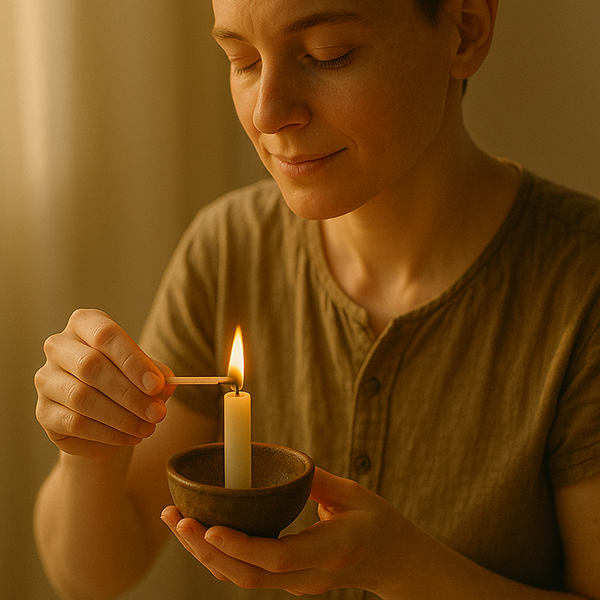 Persona encendiendo una vela ofrenda al Reino Presente con expresión tranquila; la llama ilumina su rostro con calidez.