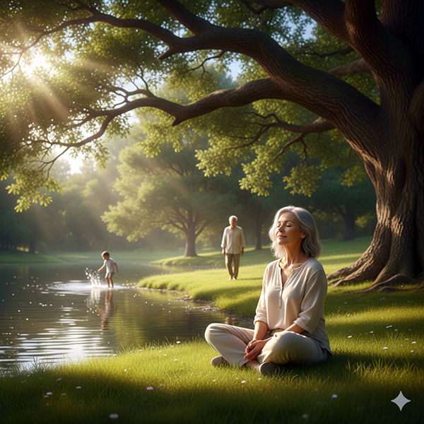 Escena serena junto al agua, donde una mujer medita bajo un gran árbol mientras generaciones distintas comparten la misma quietud. La imagen encarna la comprensión interior y la paz de quien, en casa, entiende sin esperar reciprocidad.