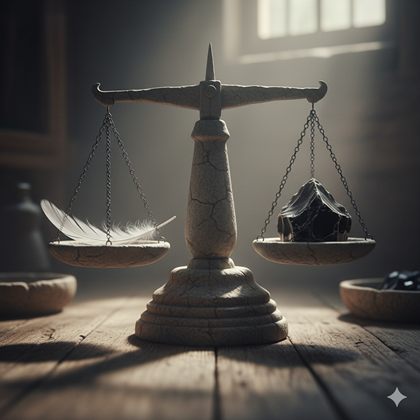 Una balanza de piedra en equilibrio perfecto entre una pluma y una roca, la armonía de La Ciencia del Todo (Puerta 4).