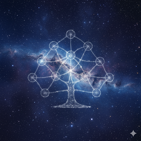 El Árbol de la Vida kabalístico superpuesto sobre una nebulosa cósmica, el mapa de La Ciencia del Todo (CHESED).