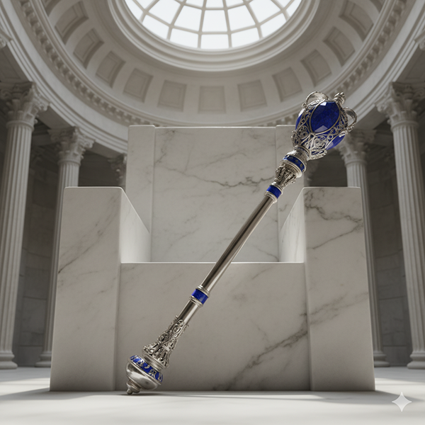 Un trono de mármol vacío con un cetro de lapislázuli (#0f52ba), simbolizando la autoridad impersonal de La Ciencia del Todo (CHESED).