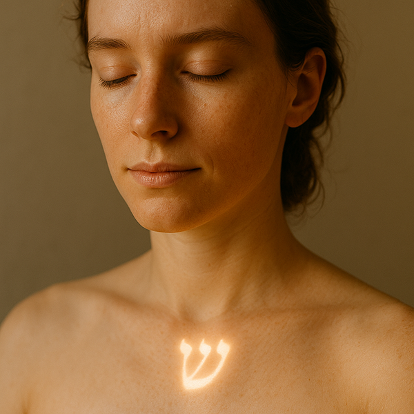 Imagen de La Espiral del Verbo que muestra el Verbo Encarnado (IHShVH): la letra Shin (ש) brillando en el pecho de una persona real, símbolo del fuego divino hecho carne.