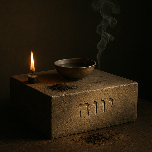 Imagen de La Espiral del Verbo que representa la Ley del Nombre (IHVH): el Tetragrammaton grabado en piedra junto a los cuatro elementos —fuego, agua, aire y tierra— en equilibrio sagrado.