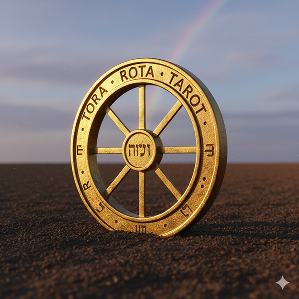 Imagen de La Espiral del Verbo que muestra la Rueda Eterna (TORA · ROTA · TAROT) grabada en oro sobre la tierra, bajo un arco iris de luz natural, símbolo del movimiento perpetuo del Verbo que une Cielo y Tierra.