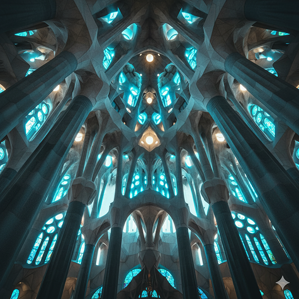 Estructura gaudiniana bañada en luz celeste, símbolo de la matemática que se convierte en oración arquitectónica.