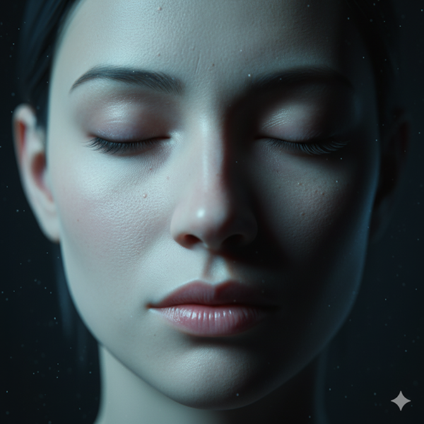 Rostro sereno entre luces celestes, mirada interior que refleja la unión entre razón y pensamiento.