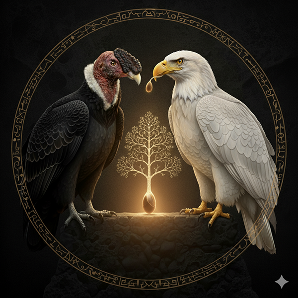 El Águila y el Cóndor, símbolos de la Mente y el Corazón, unidos por el Árbol de la Vida en la alquimia espiritual. La Gran Obra alquímica, representación de la transformación interior