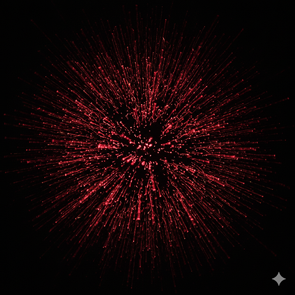 Una explosión de luz e ideas caóticas (rojo #b31b1b) emanando de un punto, el exceso de vida de La Matemática del Alma.