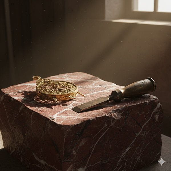 Un cincel y un compás de oro sobre un bloque de mármol rojo (#b31b1b) a medio tallar, el rigor de La Matemática del Alma.