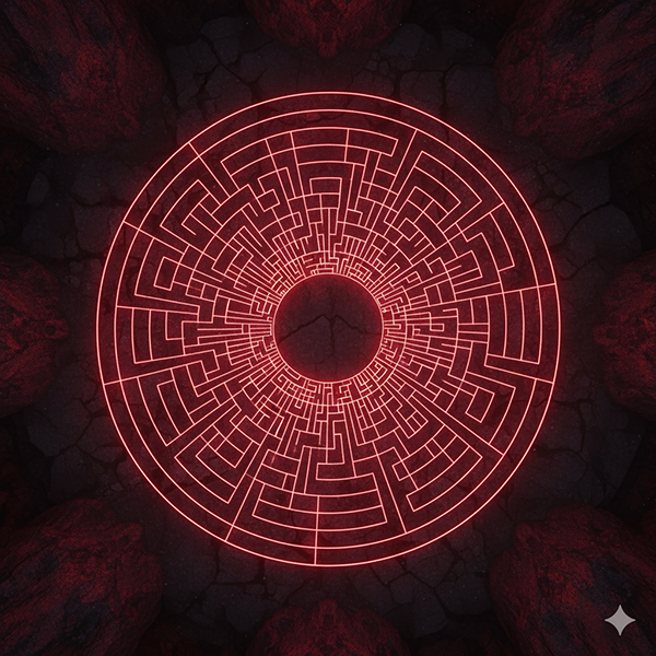 Una red de senderos luminosos (rojo #b31b1b) perfectamente ordenados en una espiral, los caminos de La Matemática del Alma.