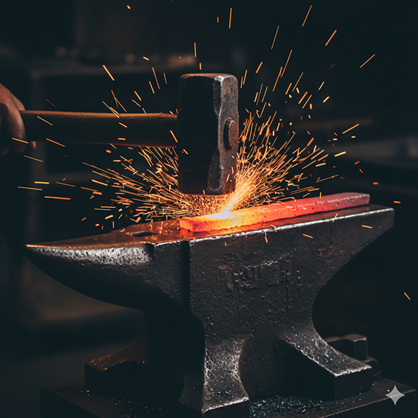 Una espada al rojo vivo (#b31b1b) siendo golpeada por un martillo en un yunque, el fuego que templa de La Matemática del Alma.