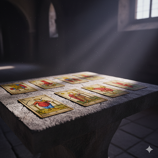 Mesa de piedra con cartas de Tarot iluminadas por luz violeta-azulada; símbolo de La Rueda de los Arquetipos.
