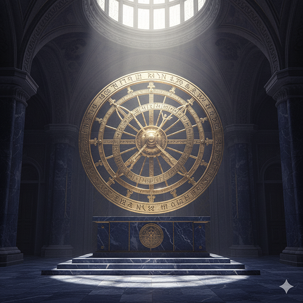 Gran rueda dorada girando sobre altar azul oscuro; símbolo de La Rueda de los Arquetipos.