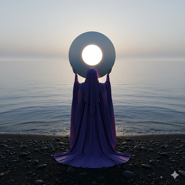 Figura femenina envolta en luz violeta y dorado, sosteniendo un círculo brillante; símbolo de La Rueda de los Arquetipos.