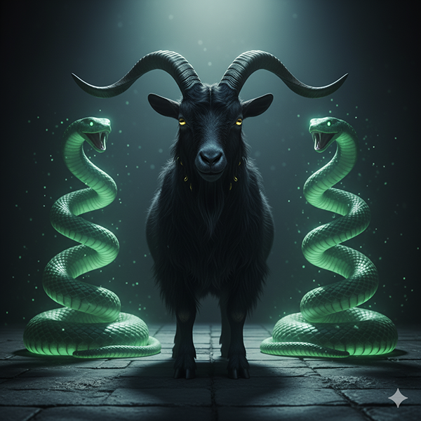 Macho Cabrío de Mendés entre dos serpientes luminosas, representación de la energía polar antes de ser dominada por el Adepto.