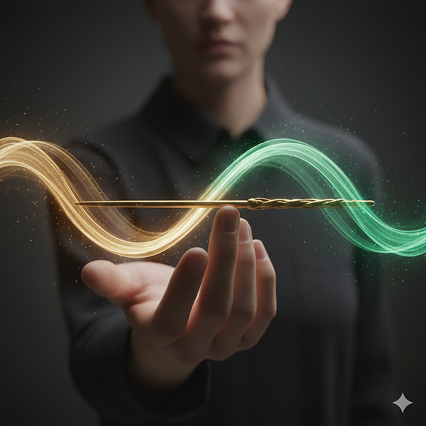 Mano humana sosteniendo una varita dorada que divide y armoniza dos flujos de luz opuestos. La Victoria del Adepto.