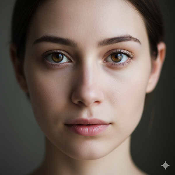 Primer plano hiperrealista del rostro sereno de una mujer de belleza pura, mirando a cámara, encarnando la esencia divina y la Gnosis 'Soy Único'.