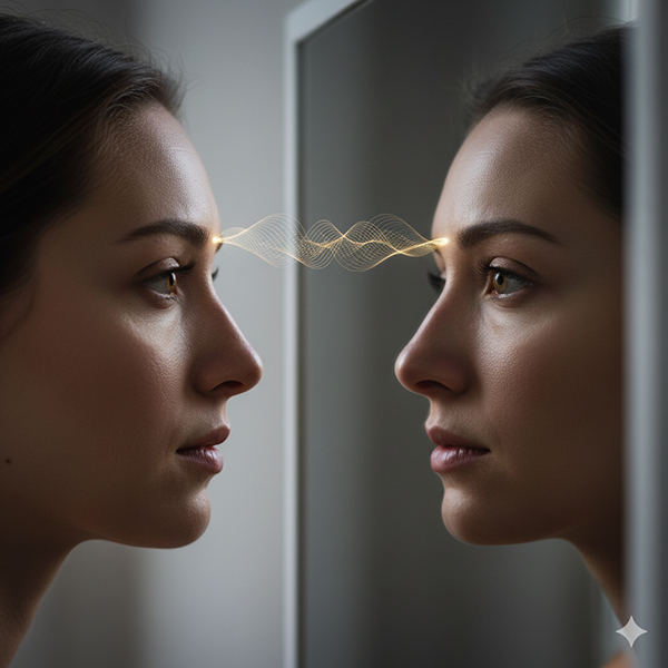 Primer plano hiperrealista del rostro sereno de una mujer conectando mentalmente con su propio reflejo en un espejo, simbolizando el auto-reconocimiento y la Gnosis 'Ya Estás Conectado