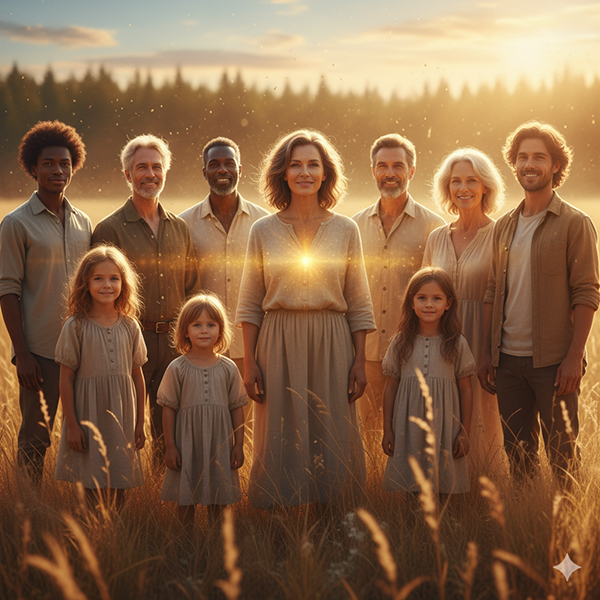 Grupo de personas de distintas edades y rostros reunidos en la luz del atardecer. Cada uno refleja la serenidad de saberse completo. Es la imagen del alma valiosa que ya no compite: comparte su luz. La Ley del Oro Interior florece cuando decir soy valioso se convierte en una presencia viva.