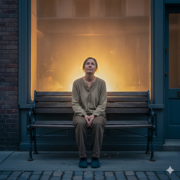 Retrato naturalista de una figura solitaria en calma, bañada por la luz del amanecer. Representa la herida original del alma que busca aprobación ajena para sentirse suficiente. Este inicio de la Ley del Oro Interior recuerda que, incluso en la carencia, la verdad interior ya susurra: soy valioso.