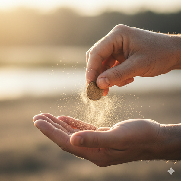 Escena simbólica de unas manos humanas soltando una moneda que se disuelve en luz dorada. Representa el instante en que la conciencia libera la aprobación externa y reconoce su propia luz. La enseñanza de soy valioso se revela al abandonar el precio del juicio ajeno.