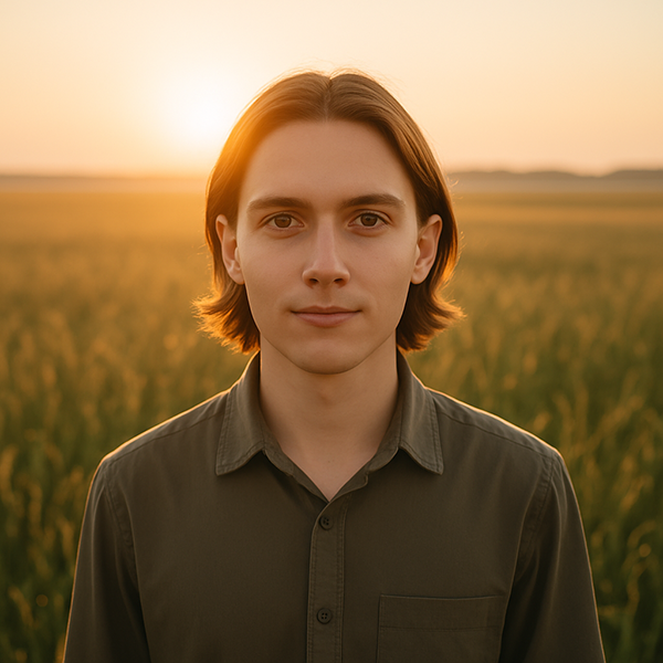 En el amanecer, la figura siente que soy y pertenezco: calma, luz dorada y unidad con la tierra.