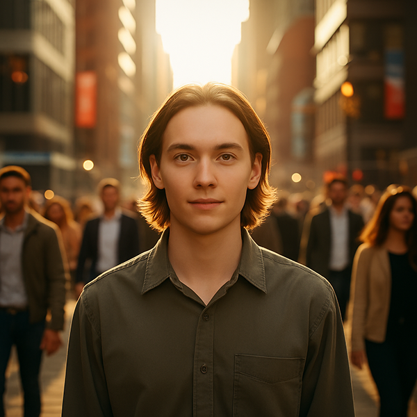 Entre reflejos dorados y rostros urbanos, la mirada interior expresa que soy y pertenezco al todo.