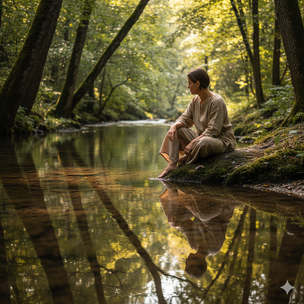 Una persona sentada serenamente junto a un río que fluye libremente, observando su propio reflejo claro en el agua tranquila, representando la paz que nace al reconocer la conexión inherente con uno mismo y el Todo.