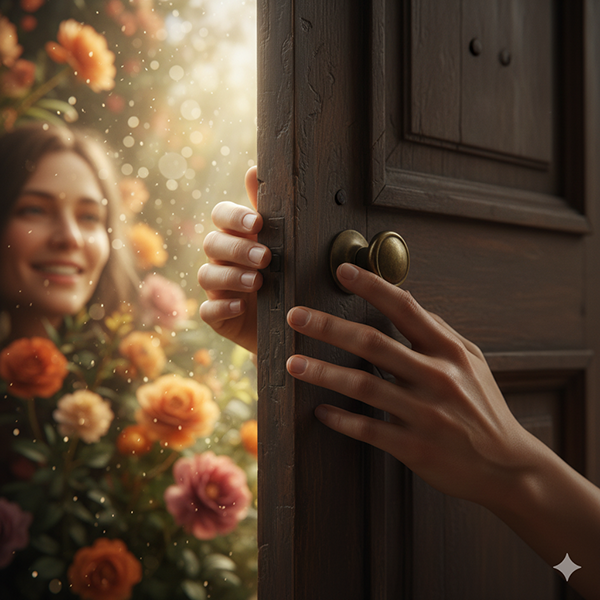 Primer plano hiperrealista de unas manos abriendo suavemente una vieja puerta de madera interior, revelando un jardín luminoso y acogedor detrás, simbolizando que la conexión se permite al abrirse desde dentro.