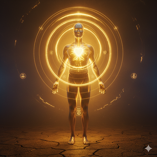Figura humana luminosa, casi transparente, con un corazón radiante y anillos energéticos (Cábala) que la rodean, simbolizando el Ser Cabal y la Autoridad Interna.