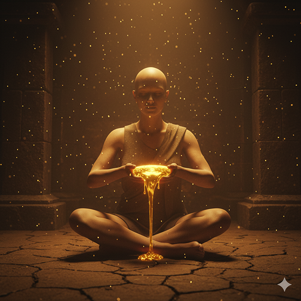 Figura en meditación (el peregrino) sosteniendo oro líquido que se derrama de sus manos sobre la tierra agrietada, simbolizando el valor que se desborda y la abundancia del Ser.