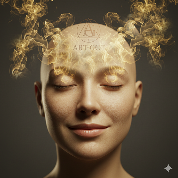 Primer plano hiperrealista de un rostro sereno con ojos cerrados, emitiendo volutas de sabiduría dorada, simbolizando la paz y la luz de la autocomprensión.