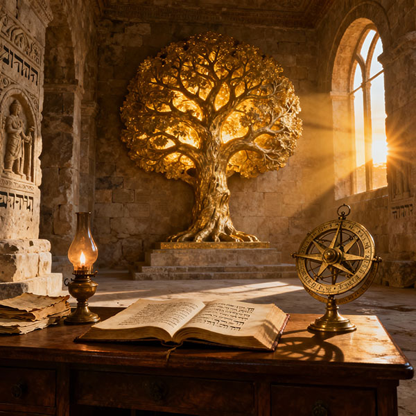El Umbral - Árbol de oro dentro de un templo de piedra iluminado por la aurora. Representa la mente iluminada que custodia la entrada al Santuario.