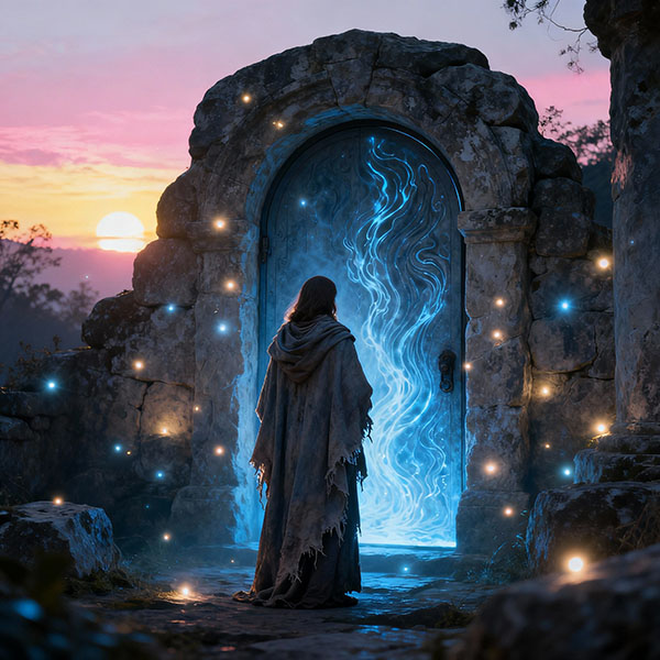 El Umbral - Figura envuelta en manto frente a una puerta azul de fuego. Simboliza el primer cruce, la disolución del yo ante el misterio.