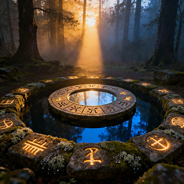 Círculo de piedra con signos grabados reflejando el amanecer. Imagen de purificación y del pensamiento que se vuelve claro.