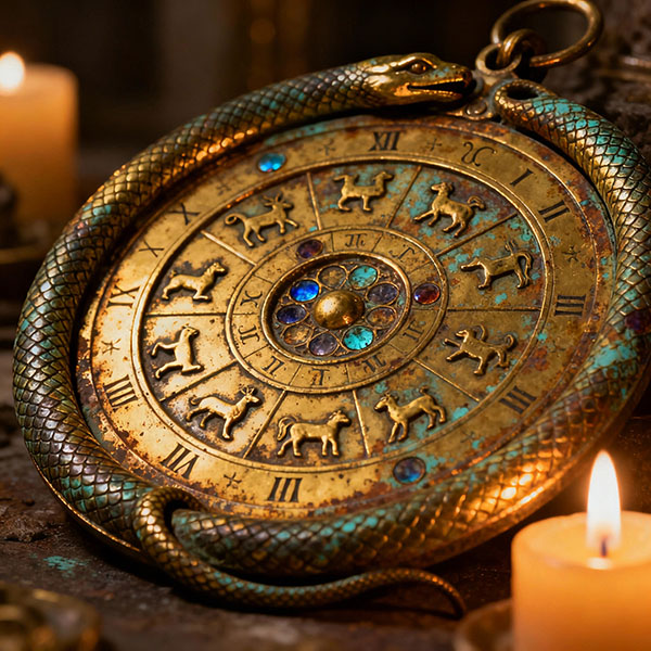 Disco zodiacal de bronce abrazado por la serpiente ouroboros. Representa el conocimiento que se renueva y la conciencia que gira sobre sí misma.
