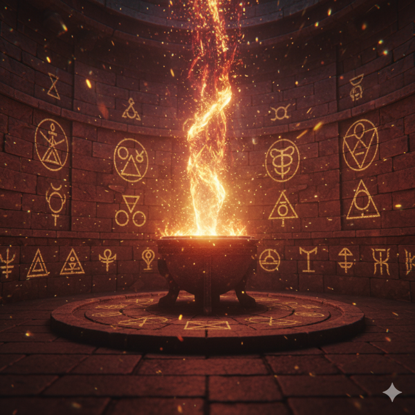 El Umbral - Cámara circular con fuego ascendente y glifos dorados en los muros. Símbolo del Atanor interior y de la unión entre espíritu y materia.