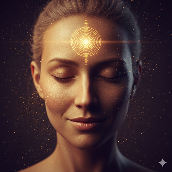 Rostro sereno con un círculo dorado brillando en la frente. Representa la chispa divina despierta: la mente unida al corazón.